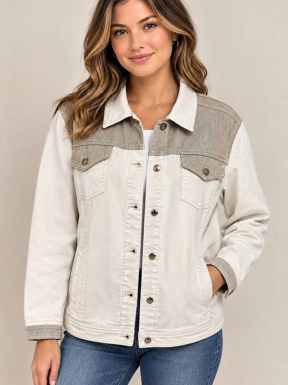 Chico's Striped Jean Jacket in White & Brown Size 4 Like New